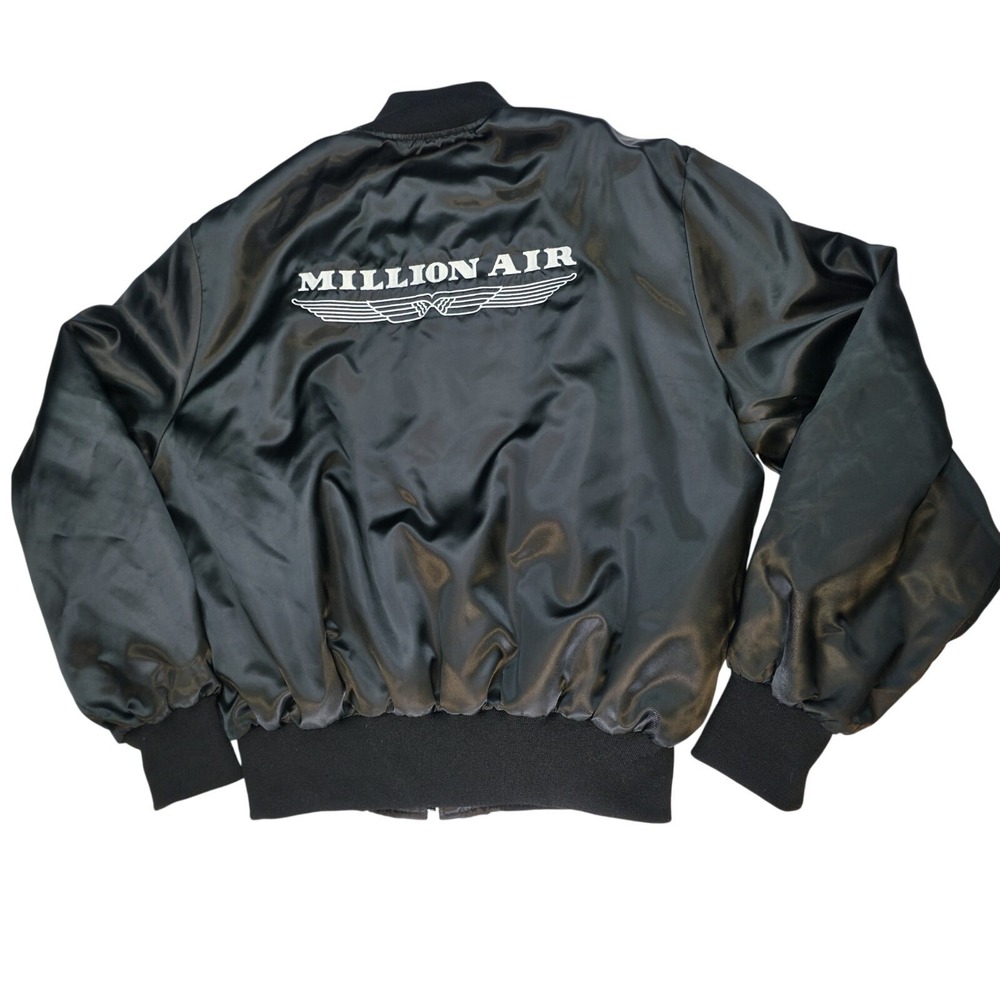 Million Air Satin Bomber Jacket Vintage 1993 Holloway Men XL Black Aviation Zip